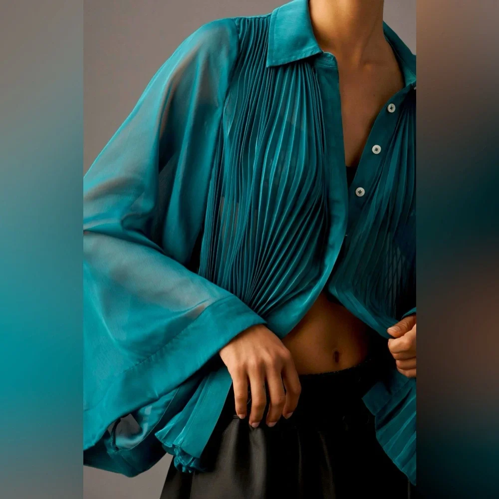 Maeve by Anthropologie l Sheer Pleated Cape Sleeve Blouse in Blue Green - Picture 2 of 12